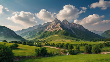 Panoramic view of the mountains and meadows in the summerの写真素材
