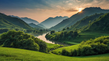 Beautiful summer landscape with river and mountains in the background at sunsetの写真素材