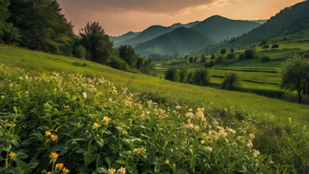 Landscape of green meadow with yellow flowers in mountains at sunsetの写真素材