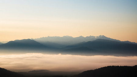 Foggy morning in the mountains of Bavaria, Germany.