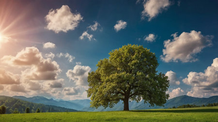 Lonely tree on green meadow against blue sky with cloudsの写真素材