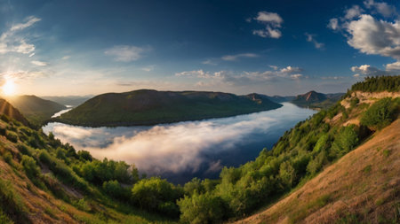 Panorama of the lake in the mountains at sunset. Beautiful summer landscape.