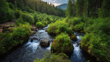 Mountain river in the summer forest at sunset. Landscape.の写真素材