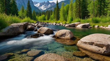 Mountain river in summer forest. Beautiful landscape with a mountain river.