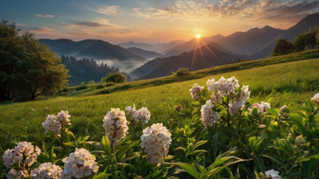 Sunrise over the meadow with flowers and mountains in the backgroundの写真素材