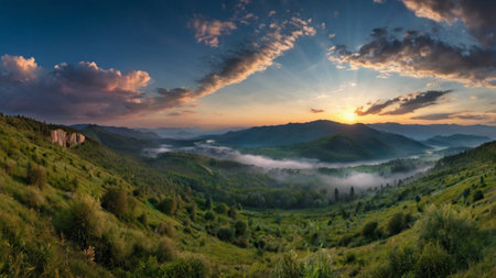 Panoramic view of foggy valley in Ukrainian Carpathian mountains