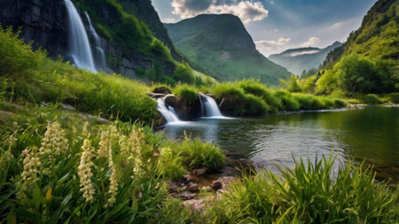 Mountain landscape with a waterfall in the foreground. Beautiful summer landscape.の写真素材