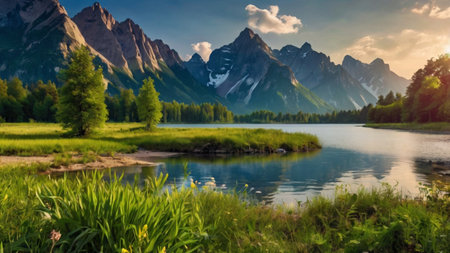 Beautiful summer landscape with lake and mountains in the background, Switzerlandの写真素材