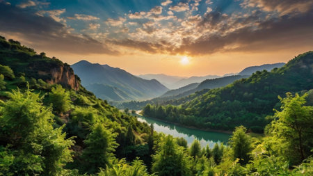 Panoramic view of the river in the mountains at sunset.の写真素材