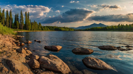 Lake in the mountains on a summer evening. Panoramic viewの写真素材