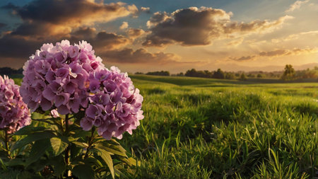 Pink hydrangea flowers in the field on sunset background.
