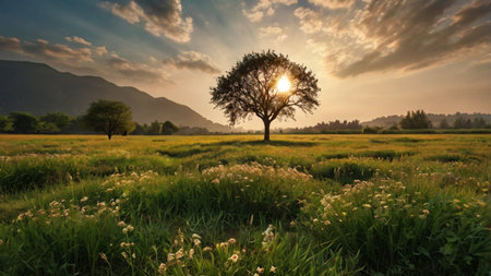 Sunset over the meadow with lonely tree and mountains in backgroundの写真素材