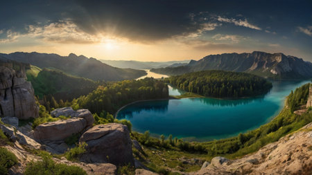 Beautiful panorama of the lake in the mountains at sunset.の写真素材