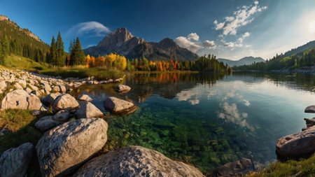 Beautiful autumn alpine lake in Dolomites mountains, Italyの写真素材