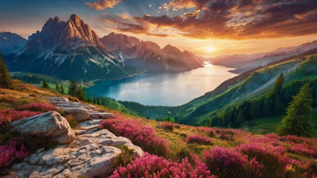 Panoramic view of the Dolomites at sunrise with pink flowersの写真素材