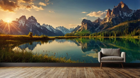 Composite image of alpine lake with armchair against mountainsの写真素材