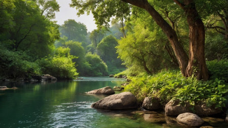 Beautiful summer landscape with river and green trees in the forest.の写真素材