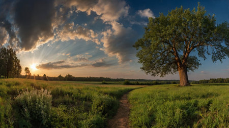 Sunset over the meadow with a large tree in the foregroundの写真素材
