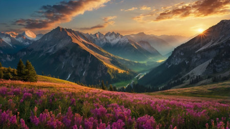 Sunset in the mountains. Beautiful landscape with wildflowers.の写真素材