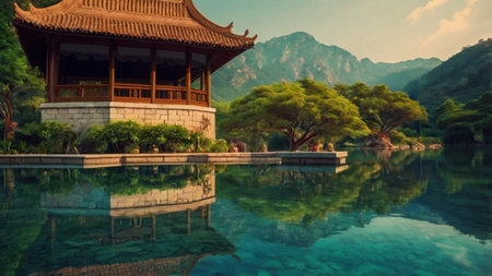 Swimming pool in the park with a view of the mountains.の写真素材