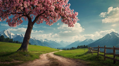 Blossoming sakura tree in the mountains. Spring landscape.の写真素材