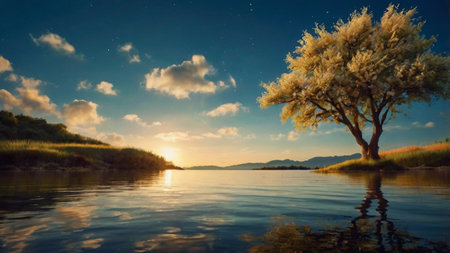 Beautiful landscape with a lonely tree on the shore of the lakeの写真素材