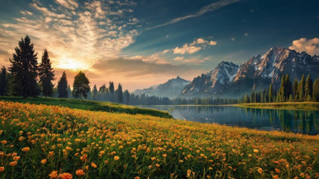 Mountain lake in Dolomites at sunrise, Italy. Panoramaの写真素材
