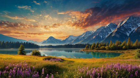 Mountain lake at sunset. Colorful summer landscape with mountains.の写真素材