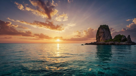 Beautiful seascape at sunset. Panoramic view of a beautiful sunset over the sea.の写真素材