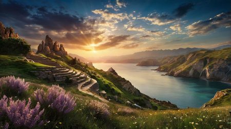 Fantastic sunset on the sea coast. Dramatic sky. Crimea, Ukraine, Europe. Beauty world.の写真素材