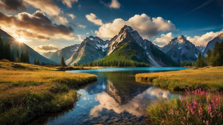 Panoramic view of beautiful lake in the mountains. Dramatic sky.の写真素材