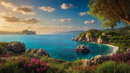 Panoramic view of beautiful tropical beach. Seascape.の写真素材