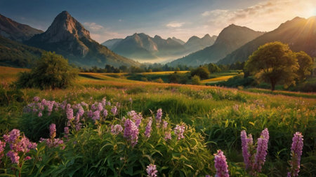 Sunset over meadow with lupine flowers and mountains in backgroundの写真素材