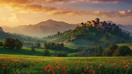 Panoramic view of the medieval castle at sunset in Tuscany, Italyの写真素材