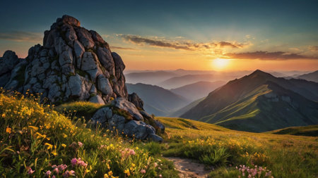 Colorful summer sunrise in the mountains. Carpathians, Ukraine, Europeの写真素材