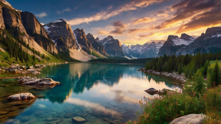 Lake Moraine at sunset, Banff National Park, Alberta, Canadaの写真素材