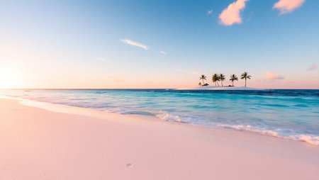 Tropical beach with palm trees at sunset, Seychellesの写真素材