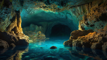 Underwater cave with blue water and stalactites. 3d renderの写真素材