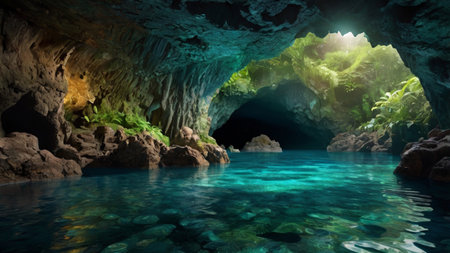 Underwater view of a cave with crystal clear turquoise waterの写真素材