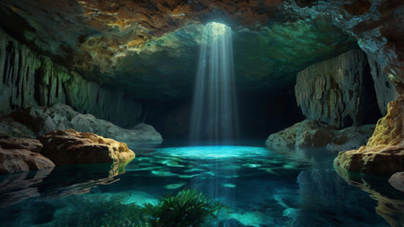 Underwater view of a beautiful water falls in a cave. 3d renderingの写真素材