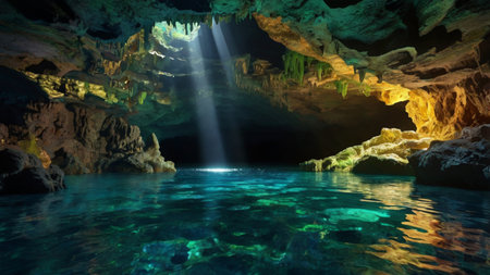 Underwater view of an underground cave with crystal clear water and stalactitesの写真素材
