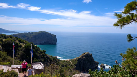 A view from the top of a cliff to the sea and mountainsの写真素材
