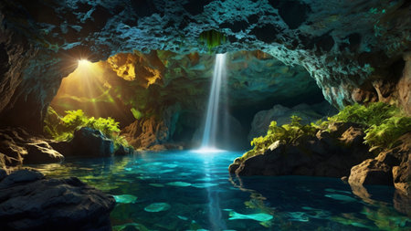 Underwater view of beautiful waterfall in the cave. 3D renderingの写真素材