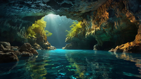 Underwater view of a cave in the sea. 3d renderingの写真素材