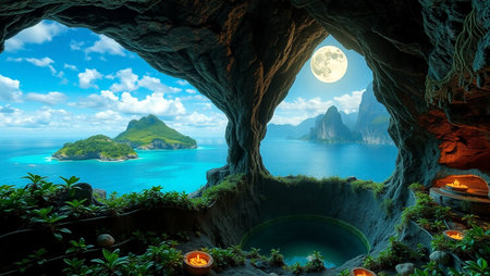 Beautiful view from the cave to the sea and islands in full moon lightの写真素材