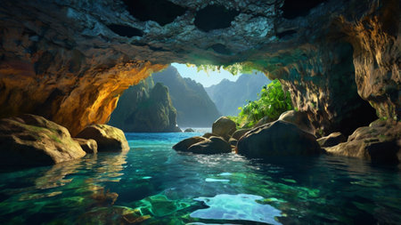Beautiful seascape with turquoise water in the caveの写真素材