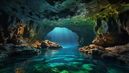 Underwater cave with turquoise water and dark blue sky.の写真素材