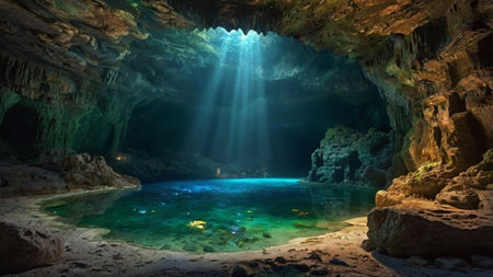 Underwater cave with crystal clear water and sun rays. 3d renderingの写真素材