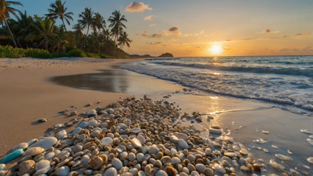 Beautiful sunset on a tropical beach with rocks and palm trees.の写真素材
