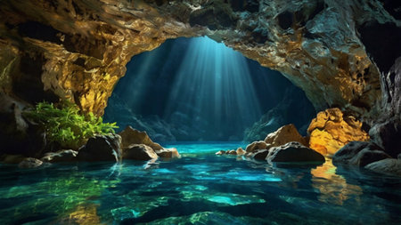 Underwater cave with light rays. 3D illustration. Natural background.の写真素材